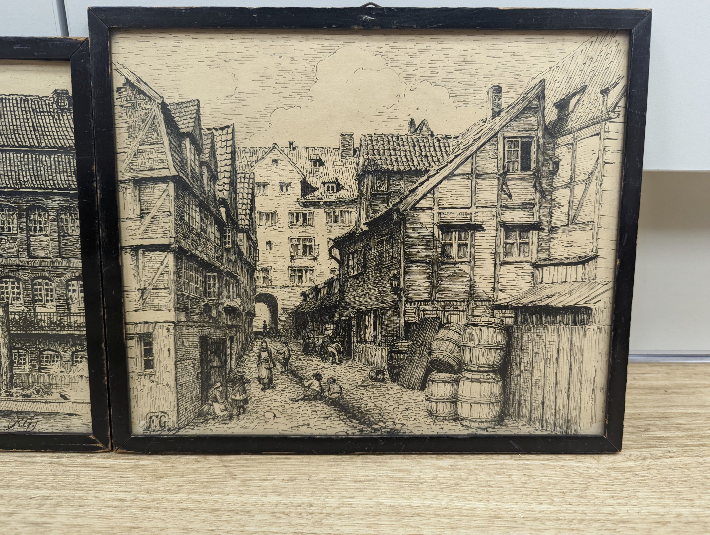 F.G, late 19th century pair of pen and ink north European views, both initialled and one dated, 20 x 24.5cm, 18.5 x 24cm